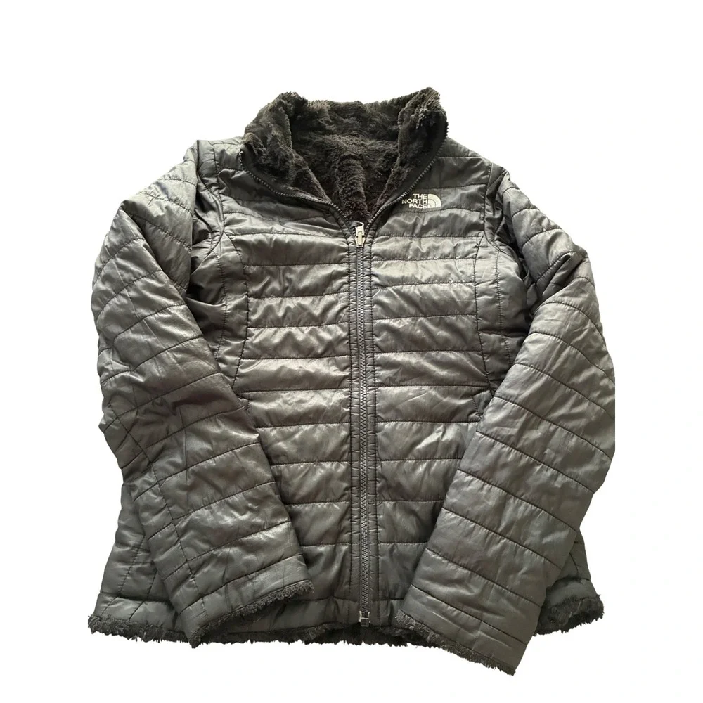 The North Face Girls Mossbud Swirl Reversible Puffer Jacket Black Fleece Coat